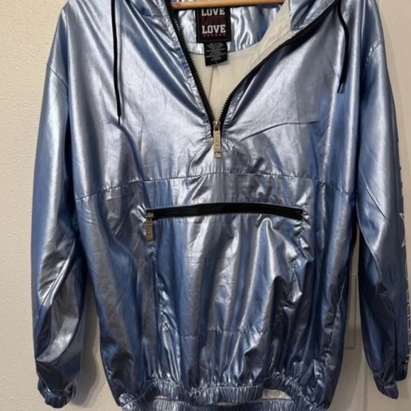LOVE metallic Holographic light blue Windbreaker hooded Jacket XL - Picture 2 of 4